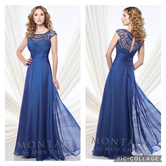 Montage by MonCheri SILVER illusion Neckline beaded fit and flare gown
